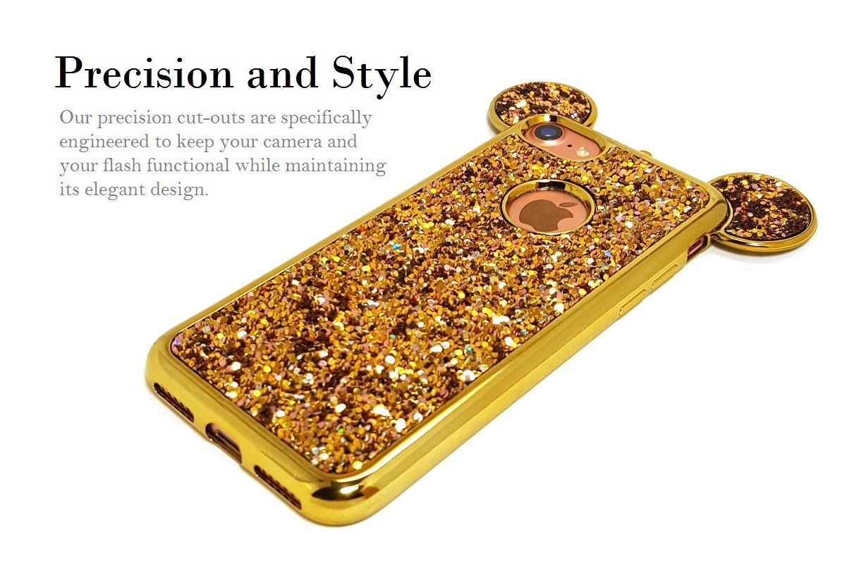 AccessoryHappy Creative Case, Luxury 3D Mickey & Minnie Ears Bling Crystal Rhinestone Sparkle Glitter Diamond Protective TPU Cover Compatible with iPhone 7 & iPhone 8 (Gold)