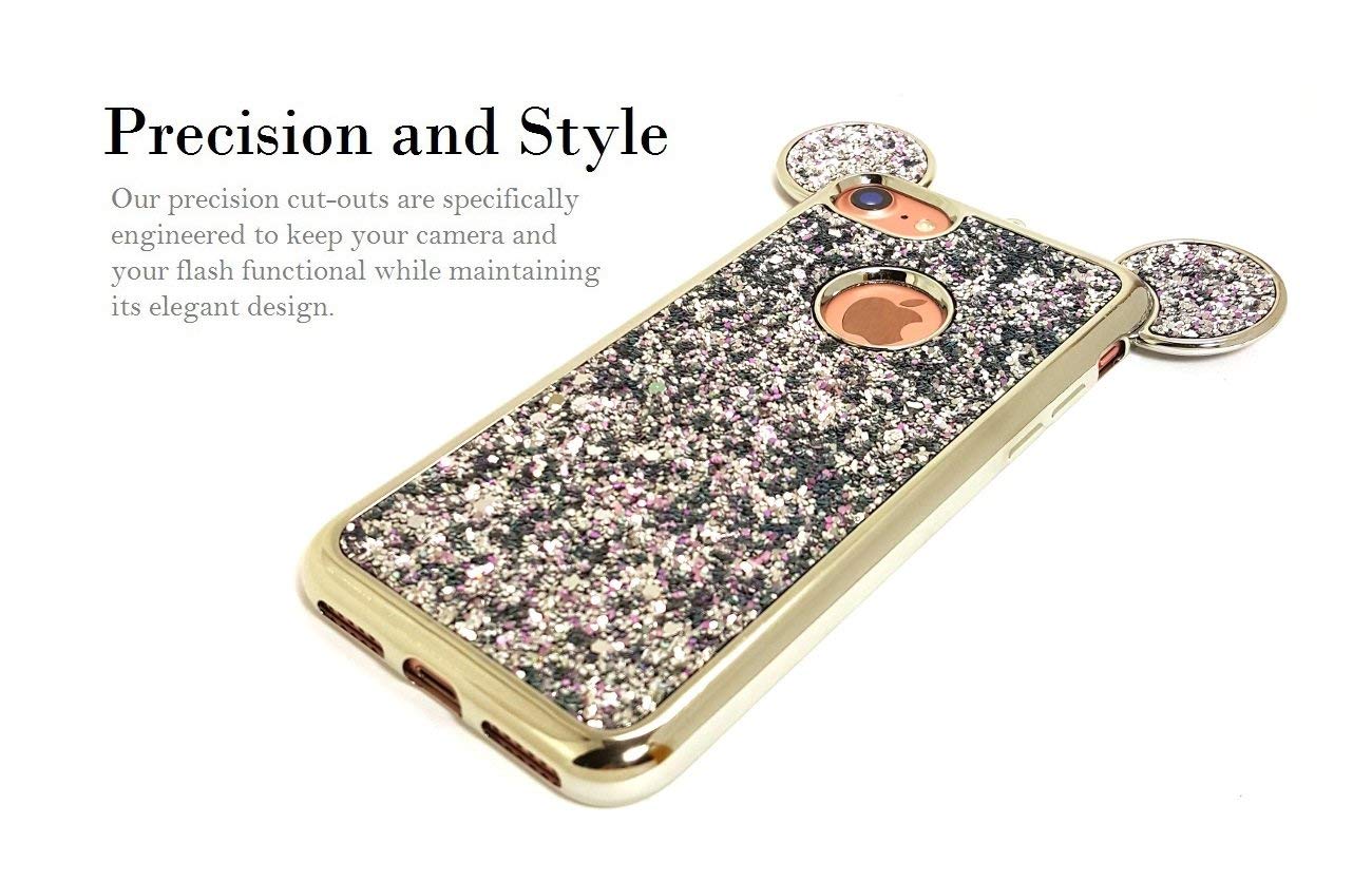 AccessoryHappy Creative Case, Luxury 3D Mickey & Minnie Ears Bling Crystal Rhinestone Sparkle Glitter Diamond Protective TPU Cover Compatible with iPhone 7 & iPhone 8 (Silver)