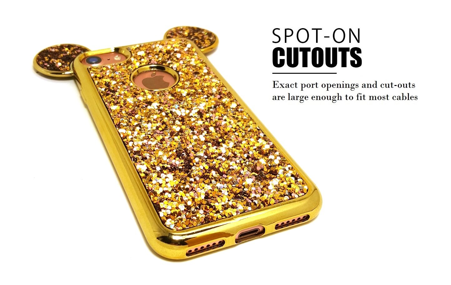 AccessoryHappy Creative Case, Luxury 3D Mickey & Minnie Ears Bling Crystal Rhinestone Sparkle Glitter Diamond Protective TPU Cover Compatible with iPhone 7 & iPhone 8 (Gold)