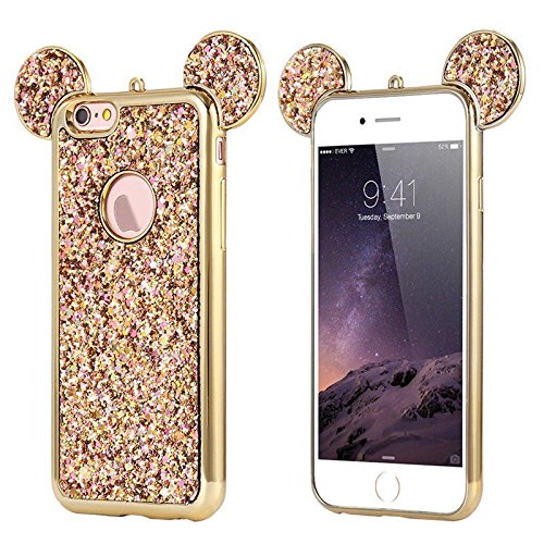 AccessoryHappy Creative Case, Luxury 3D Mickey & Minnie Ears Bling Crystal Rhinestone Sparkle Glitter Diamond Protective TPU Cover Compatible with iPhone 7 & iPhone 8 (Gold)