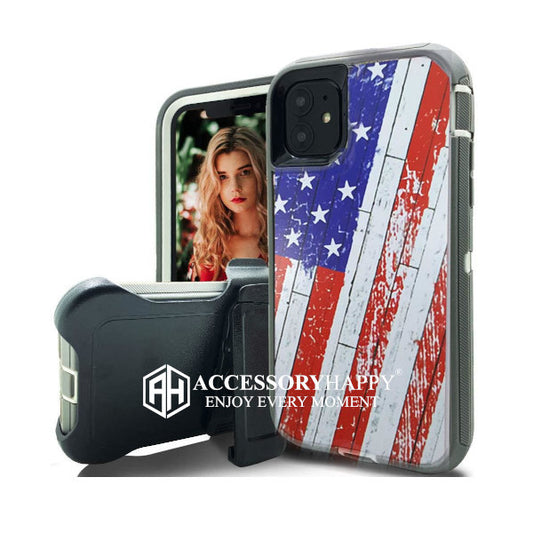 Armor Rugged Defender Case for iPhone 13 (6.1") Protective Case with Belt Clip Holster, Heavy Duty-US Flag