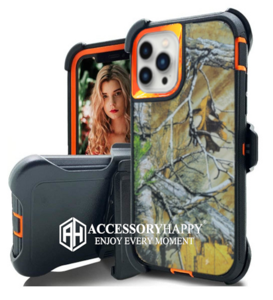 Armor Rugged Defender Case for iPhone 12 PRO Max(6.7") Protective Case with Belt Clip Holster, Heavy Duty-Orange Camo