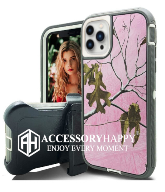 Armor Rugged Defender Case for iPhone 12 PRO Max(6.7") Protective Case with Belt Clip Holster, Heavy Duty-Pink Camo