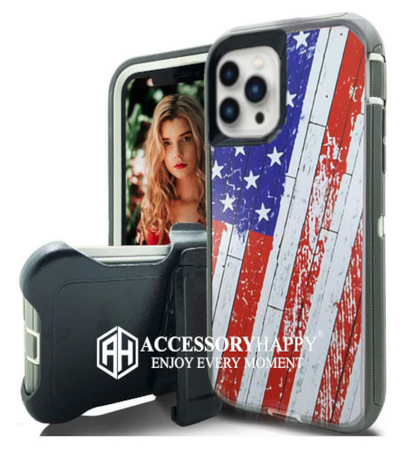 Armor Rugged Defender Case for iPhone 12 PRO Max(6.7") Protective Case with Belt Clip Holster, Heavy Duty-USA FLAG