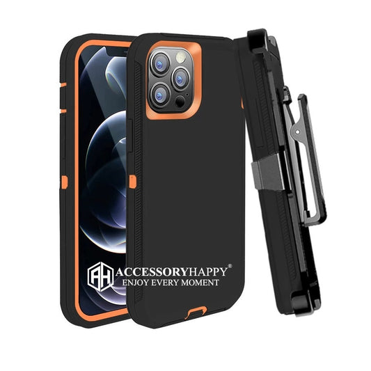 Armor Rugged Defender Case for iPhone 14 Pro (6.1") Protective Case with Belt Clip Holster, Heavy Duty-Orange Black