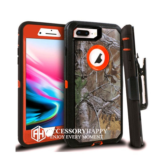 Armor Rugged Defender Case for iPhone 7 Plus, iPhone 8 Plus Case with Belt Clip Holster, Heavy Duty, Built in Screen Protector- Orange Camo
