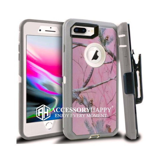 Armor Rugged Defender Case for iPhone 7 Plus, iPhone 8 Plus Case with Belt Clip Holster, Heavy Duty, Built in Screen Protector- Pink Camo