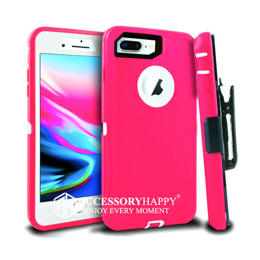 Armor Rugged Defender Case for iPhone 7 Plus, iPhone 8 Plus Case with Belt Clip Holster, Heavy Duty, Built in Screen Protector- Hot Pink