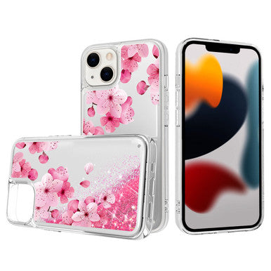 iPhone 14 Glitter Phone Case Girly Women Bling Sparkle Luxury Flowing Floating Quicksand Waterfall Clear Soft TPU Case Cover  - Pink Blossom