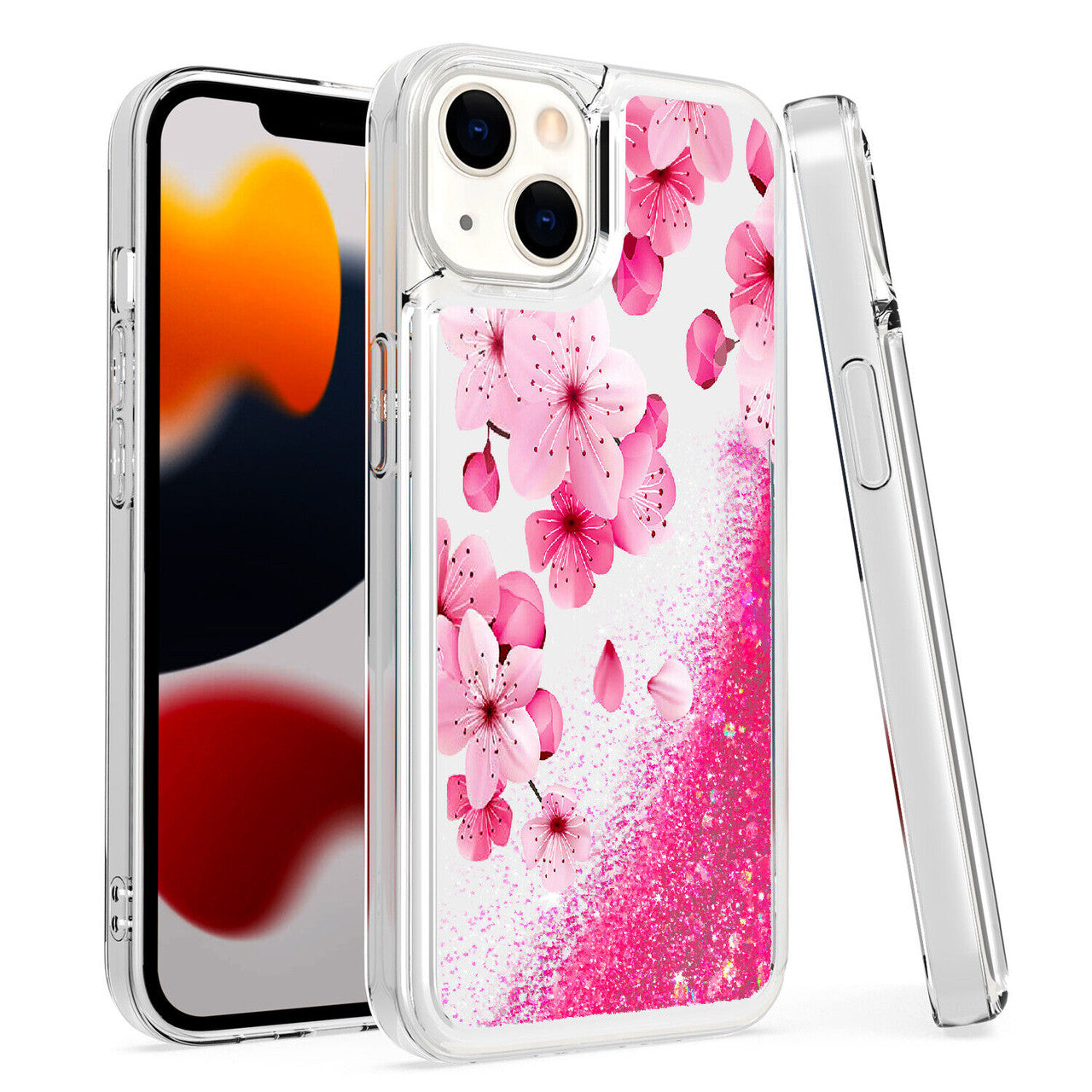 iPhone 14 Glitter Phone Case Girly Women Bling Sparkle Luxury Flowing Floating Quicksand Waterfall Clear Soft TPU Case Cover  - Pink Blossom