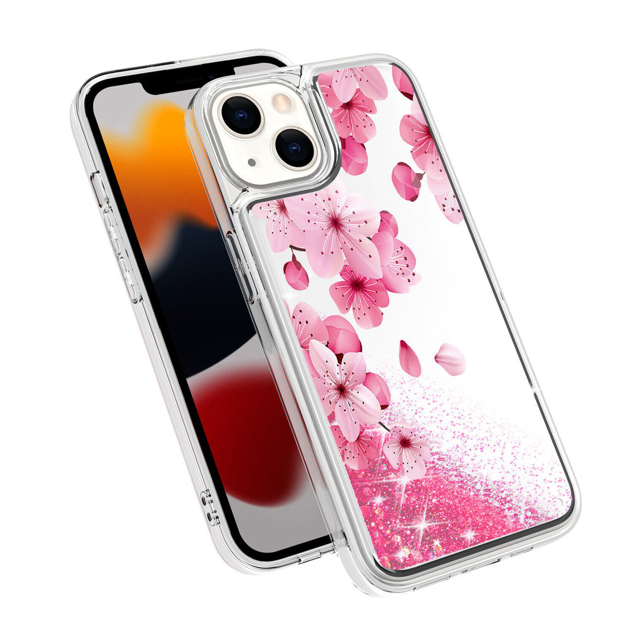 iPhone 14 Glitter Phone Case Girly Women Bling Sparkle Luxury Flowing Floating Quicksand Waterfall Clear Soft TPU Case Cover  - Pink Blossom