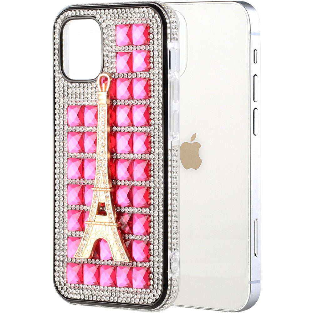 iPhone 12 iPhone 12 Pro Bling Case, Girls Women 3D Luxury Sparkle Glitter Diamond Crystal Rhinestone Pumpkin Car Charm Pendant Protective Case Cover for iPhone 13 6.1 inch ( Eiffel Tower Pink)