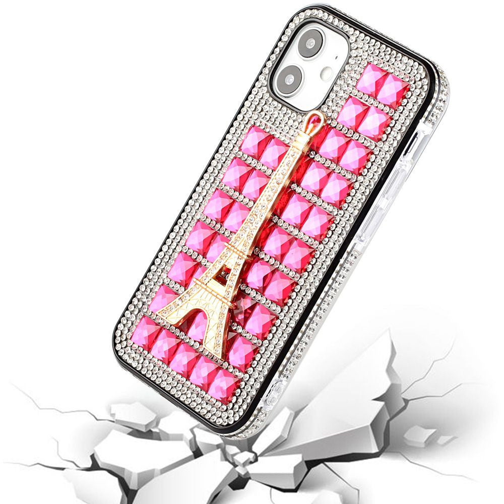 iPhone 12 iPhone 12 Pro Bling Case, Girls Women 3D Luxury Sparkle Glitter Diamond Crystal Rhinestone Pumpkin Car Charm Pendant Protective Case Cover for iPhone 13 6.1 inch ( Eiffel Tower Pink)