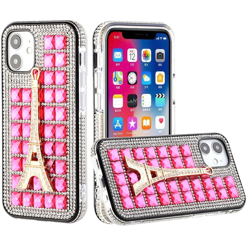 iPhone 12 iPhone 12 Pro Bling Case, Girls Women 3D Luxury Sparkle Glitter Diamond Crystal Rhinestone Pumpkin Car Charm Pendant Protective Case Cover for iPhone 13 6.1 inch ( Eiffel Tower Pink)