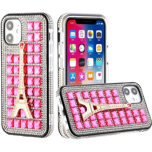 iPhone 12 iPhone 12 Pro Bling Case, Girls Women 3D Luxury Sparkle Glitter Diamond Crystal Rhinestone Pumpkin Car Charm Pendant Protective Case Cover for iPhone 13 6.1 inch ( Eiffel Tower Pink)
