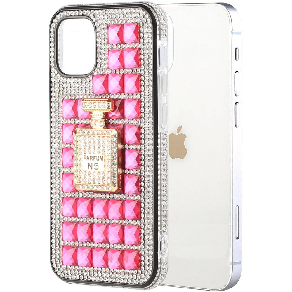 iPhone 12 iPhone 12 Pro Bling Case, Girls Women 3D Luxury Sparkle Glitter Diamond Crystal Rhinestone Pumpkin Car Charm Pendant Protective Case Cover for iPhone 13 6.1 inch (Perfume Bottle Pink)