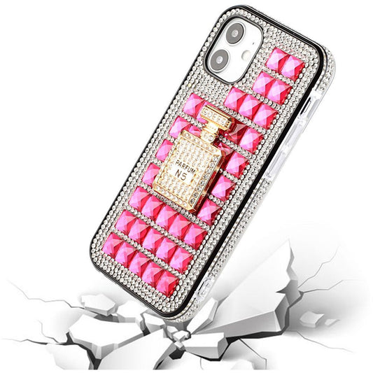iPhone 12 iPhone 12 Pro Bling Case, Girls Women 3D Luxury Sparkle Glitter Diamond Crystal Rhinestone Pumpkin Car Charm Pendant Protective Case Cover for iPhone 13 6.1 inch (Perfume Bottle Pink)