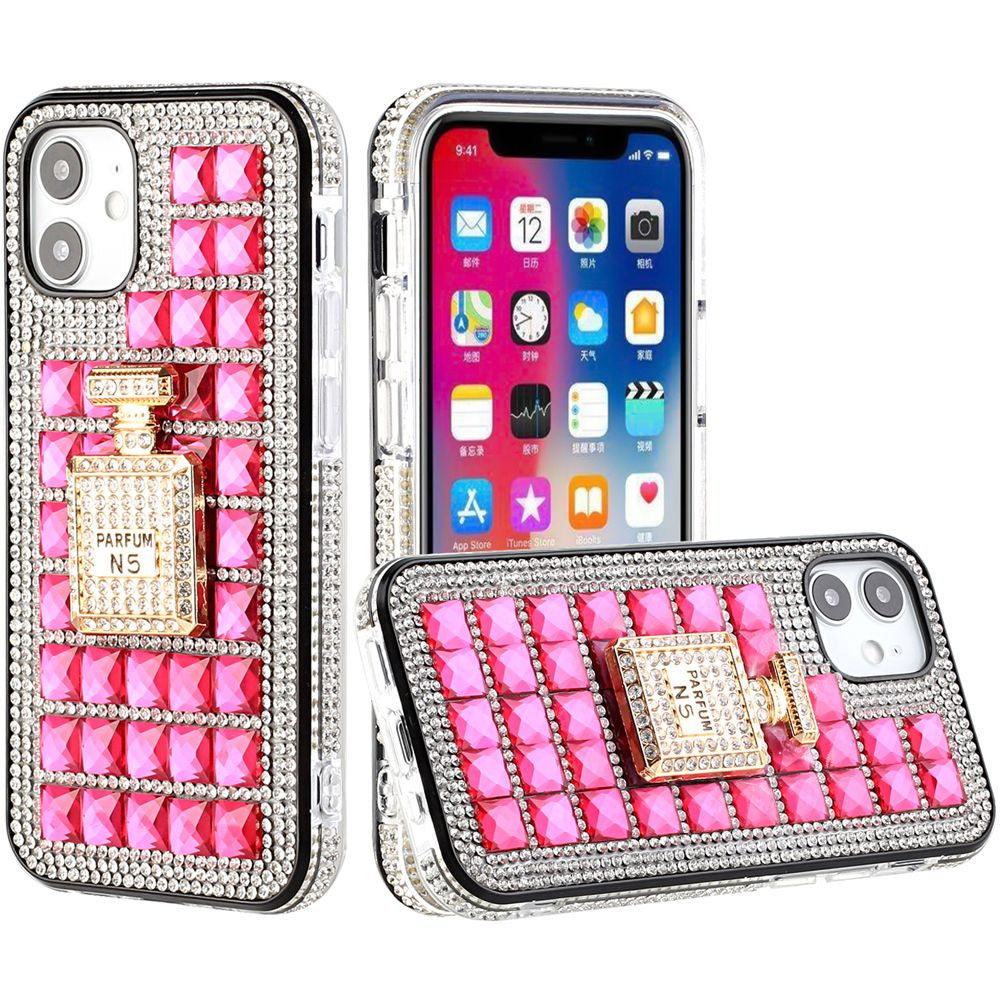 iPhone 12 iPhone 12 Pro Bling Case, Girls Women 3D Luxury Sparkle Glitter Diamond Crystal Rhinestone Pumpkin Car Charm Pendant Protective Case Cover for iPhone 13 6.1 inch (Perfume Bottle Pink)