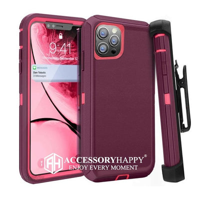 Armor Rugged Defender Case for iPhone 14 Pro (6.1") Protective Case with Belt Clip Holster, Heavy Duty-Pink Burgundy