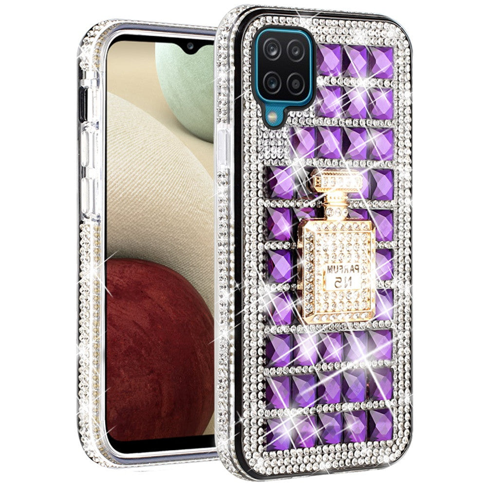 iPhone 12 iPhone 12 Pro Bling Case, Girls Women 3D Luxury Sparkle Glitter Diamond Crystal Rhinestone Pumpkin Car Charm Pendant Protective Case Cover for iPhone 13 6.1 inch (Perfume Bottle Purple)