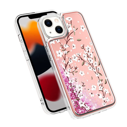 iPhone 14 Glitter Phone Case Girly Women Bling Sparkle Luxury Flowing Floating Quicksand Waterfall Clear Soft TPU Case Cover  - Pink Floral