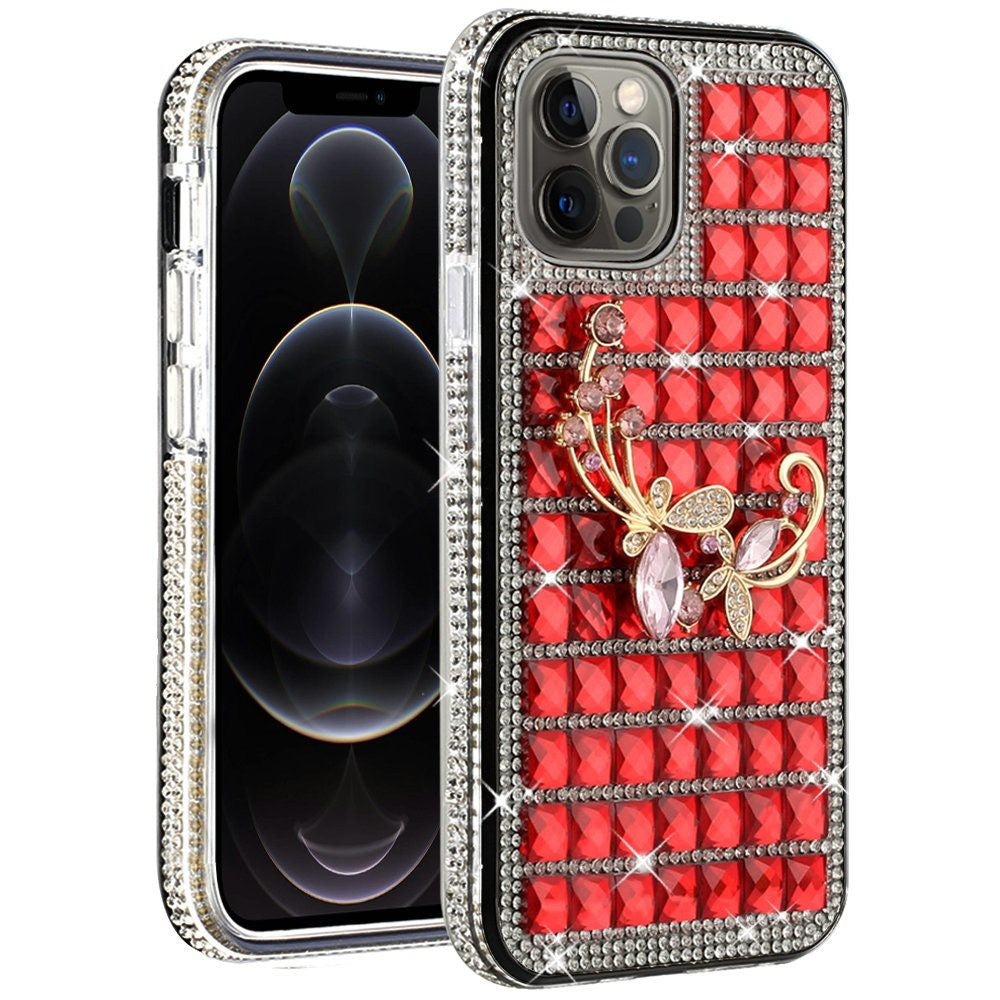 iPhone 12 iPhone 12 Pro Bling Case, Girls Women 3D Luxury Sparkle Glitter Diamond Crystal Rhinestone Pumpkin Car Charm Pendant Protective Case Cover for iPhone 13 6.1 inch (Floral Butterfly Red)