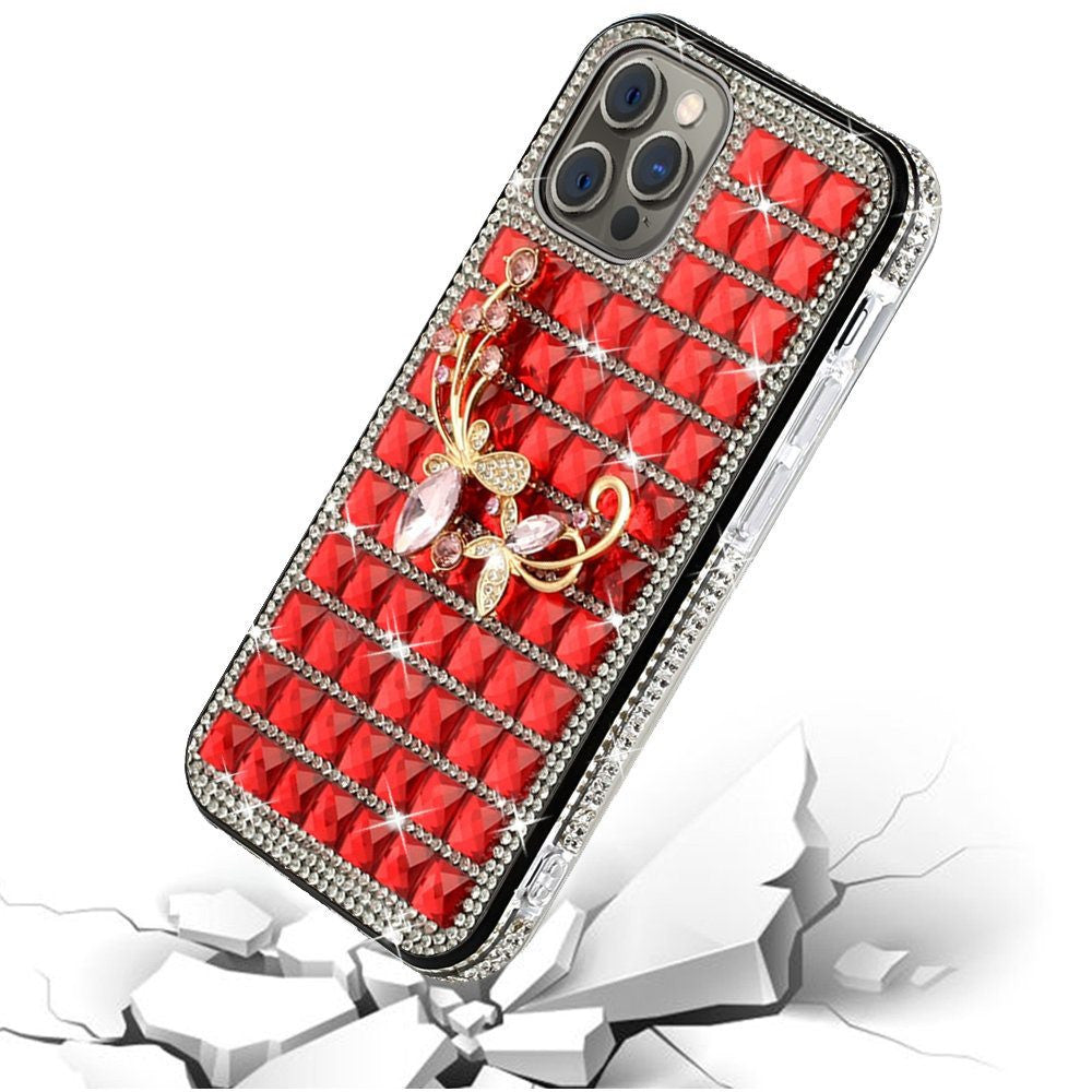 iPhone 12 iPhone 12 Pro Bling Case, Girls Women 3D Luxury Sparkle Glitter Diamond Crystal Rhinestone Pumpkin Car Charm Pendant Protective Case Cover for iPhone 13 6.1 inch (Floral Butterfly Red)