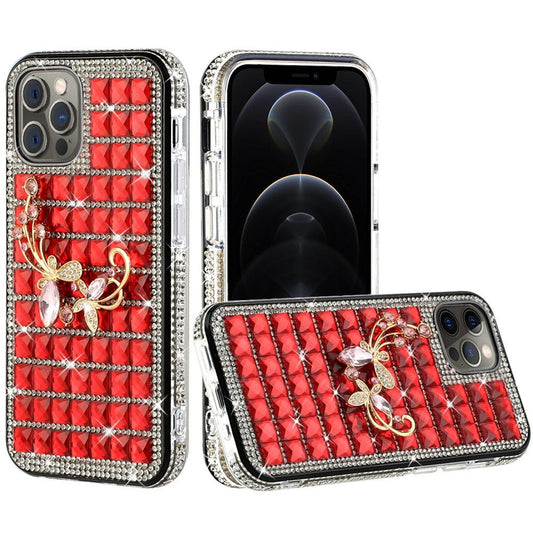 iPhone 12 iPhone 12 Pro Bling Case, Girls Women 3D Luxury Sparkle Glitter Diamond Crystal Rhinestone Pumpkin Car Charm Pendant Protective Case Cover for iPhone 13 6.1 inch (Floral Butterfly Red)
