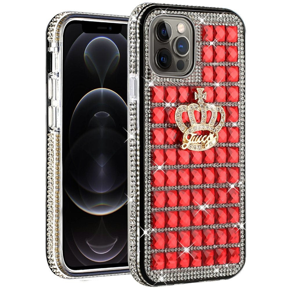 iPhone 12 iPhone 12 Pro Bling Case, Girls Women 3D Luxury Sparkle Glitter Diamond Crystal Rhinestone Pumpkin Car Charm Pendant Protective Case Cover for iPhone 13 6.1 inch (Crown Red)