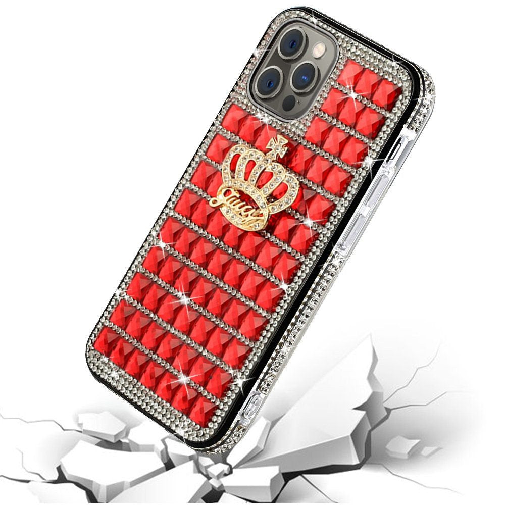 iPhone 12 iPhone 12 Pro Bling Case, Girls Women 3D Luxury Sparkle Glitter Diamond Crystal Rhinestone Pumpkin Car Charm Pendant Protective Case Cover for iPhone 13 6.1 inch (Crown Red)