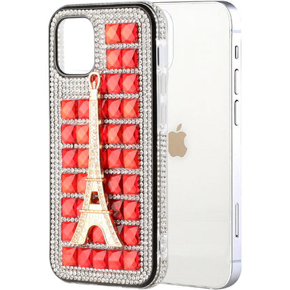 iPhone 12 iPhone 12 Pro Bling Case, Girls Women 3D Luxury Sparkle Glitter Diamond Crystal Rhinestone Pumpkin Car Charm Pendant Protective Case Cover for iPhone 13 6.1 inch ( Eiffel Tower  Red)