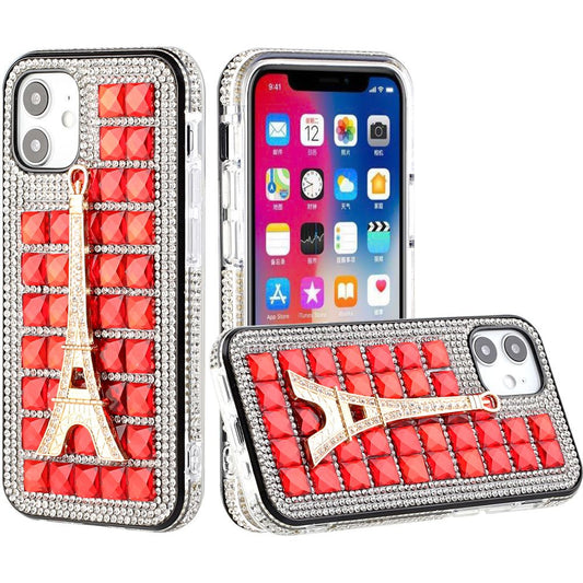 iPhone 12 iPhone 12 Pro Bling Case, Girls Women 3D Luxury Sparkle Glitter Diamond Crystal Rhinestone Pumpkin Car Charm Pendant Protective Case Cover for iPhone 13 6.1 inch ( Eiffel Tower  Red)
