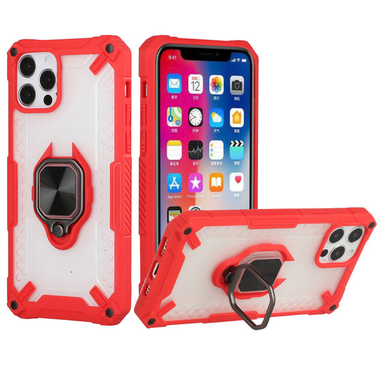 iPhone 12 Pro Max Case, 2 in 1 Durable Hard PC+Soft Silicone Heavy Duty Shockproof Full Body Phone Protective Case Cove rwith Built-in Rotating Kick Stand Magnet Plate - Frosted Red