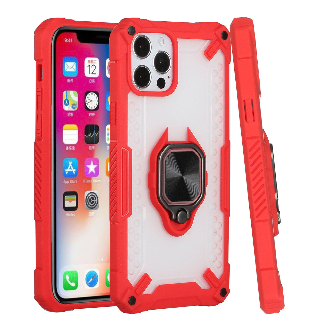 iPhone 12 Pro Max Case, 2 in 1 Durable Hard PC+Soft Silicone Heavy Duty Shockproof Full Body Phone Protective Case Cove rwith Built-in Rotating Kick Stand Magnet Plate - Frosted Red