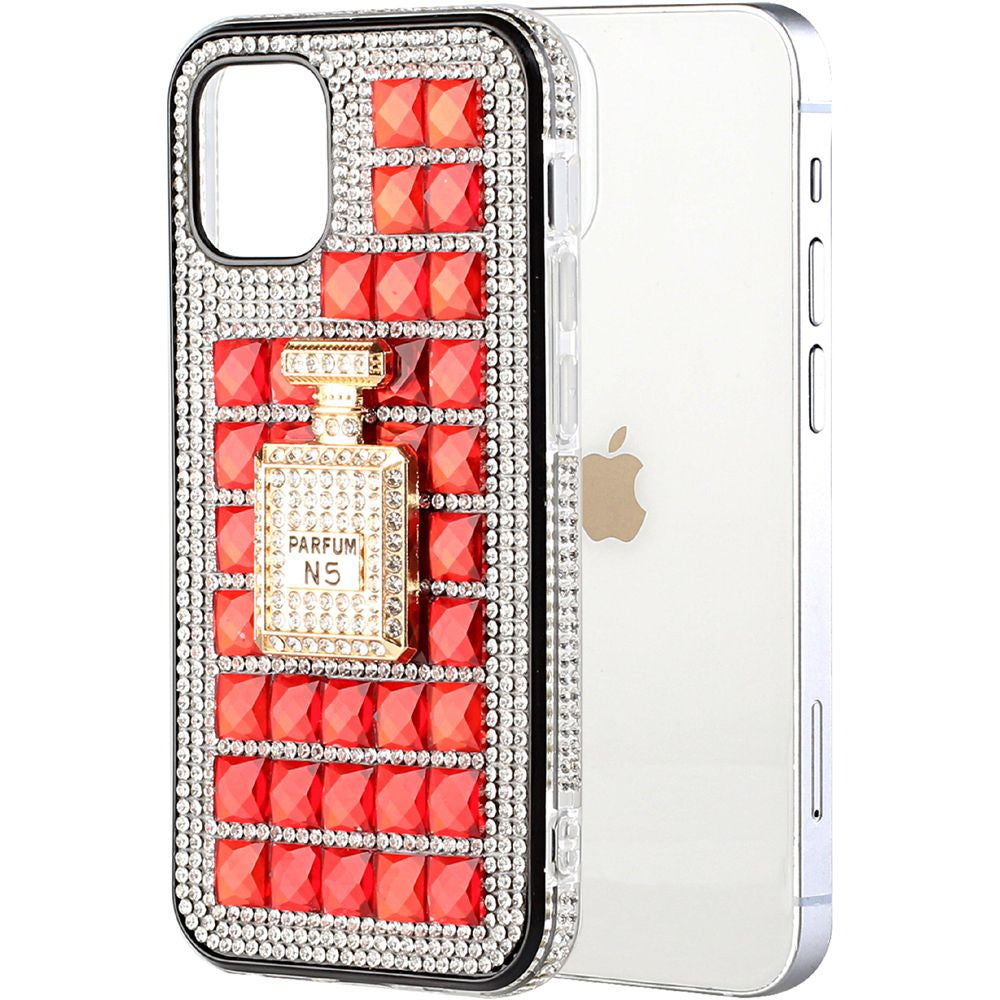 iPhone 12 iPhone 12 Pro Bling Case, Girls Women 3D Luxury Sparkle Glitter Diamond Crystal Rhinestone Pumpkin Car Charm Pendant Protective Case Cover for iPhone 13 6.1 inch (Perfume Bottle Red)