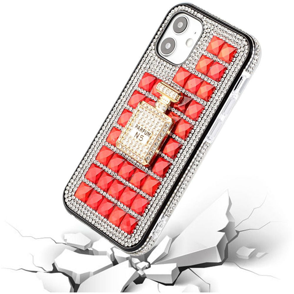 iPhone 12 iPhone 12 Pro Bling Case, Girls Women 3D Luxury Sparkle Glitter Diamond Crystal Rhinestone Pumpkin Car Charm Pendant Protective Case Cover for iPhone 13 6.1 inch (Perfume Bottle Red)