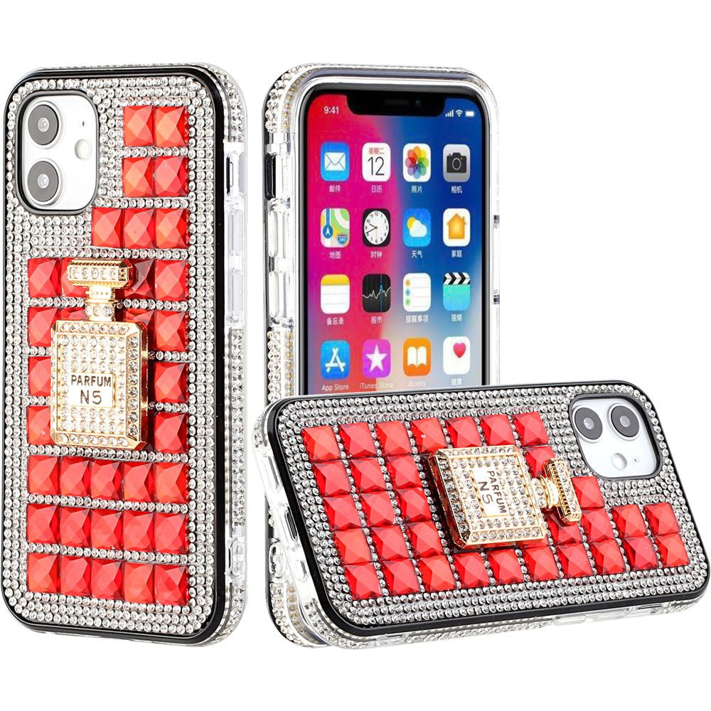 iPhone 12 iPhone 12 Pro Bling Case, Girls Women 3D Luxury Sparkle Glitter Diamond Crystal Rhinestone Pumpkin Car Charm Pendant Protective Case Cover for iPhone 13 6.1 inch (Perfume Bottle Red)
