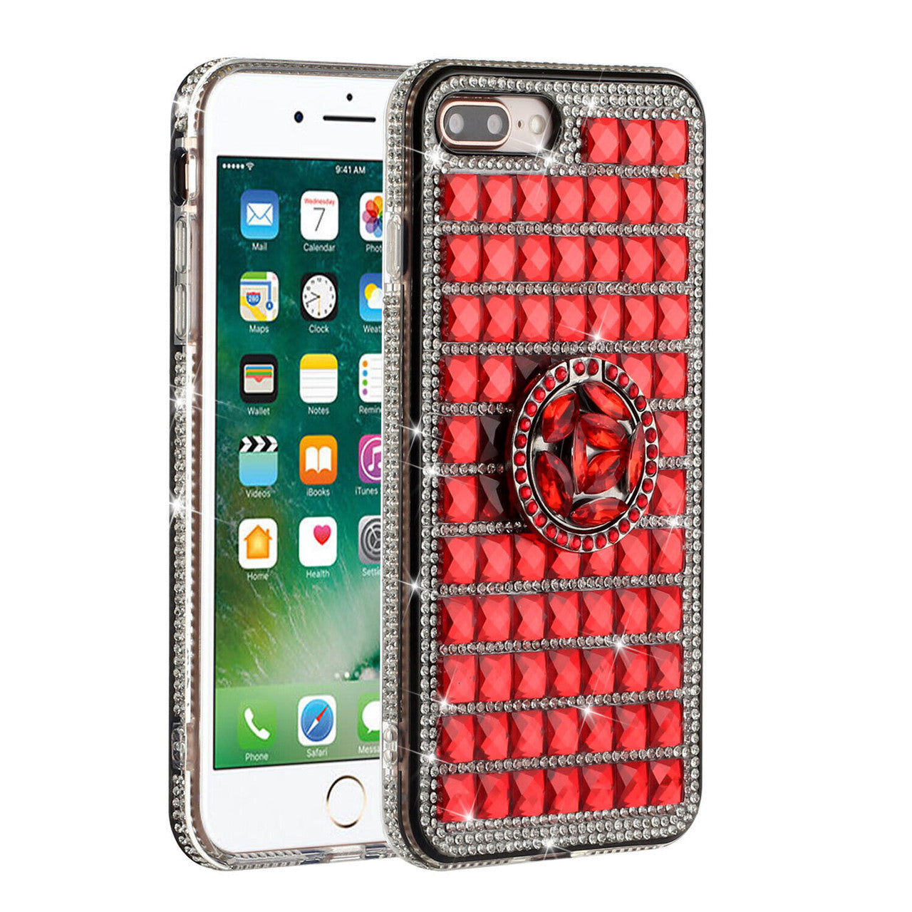 iPhone 12 Mini Full Bling Case with [Ring Kickstand] Cute Glitter Sparkle Bling Diamond Rhinestone -Red