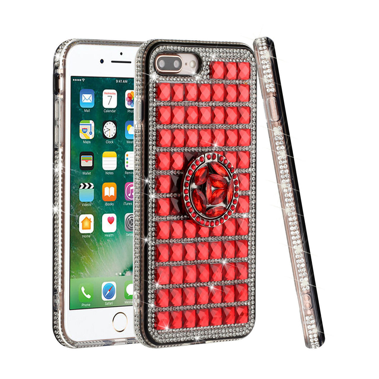 iPhone 12 Mini Full Bling Case with [Ring Kickstand] Cute Glitter Sparkle Bling Diamond Rhinestone -Red