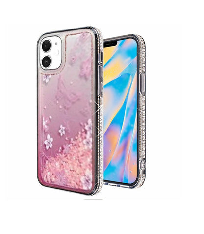iPhone 12 Mini Glitter Phone Case Girly Women Bling Sparkle Luxury Flowing Floating Quicksand Waterfall Clear Soft TPU Case Cover  - PINK BUTTERFLY