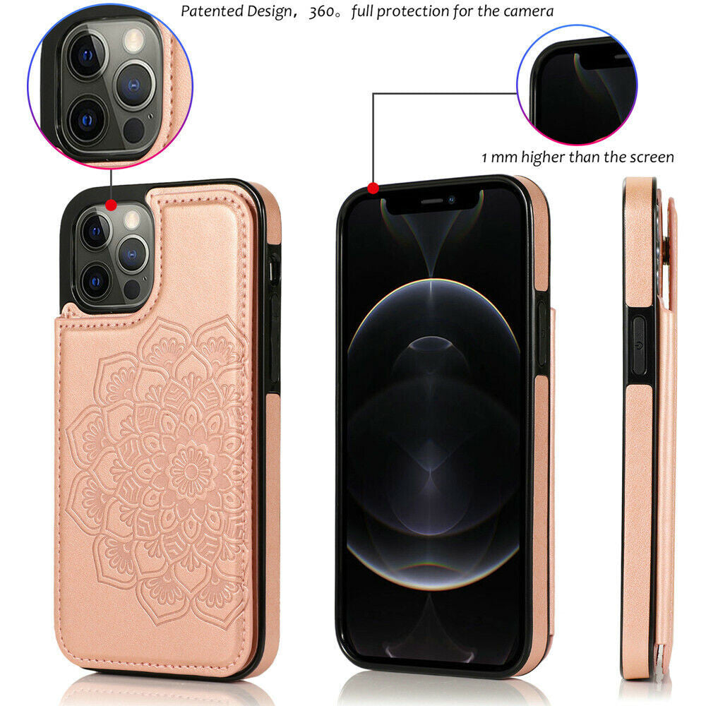 iPhone 13 Wallet Case with Card Holder, PU Leather Kickstand Card Slots Case, Double Magnetic Clasp Durable Shockproof Cover 6.1 Inch (Rose Gold)