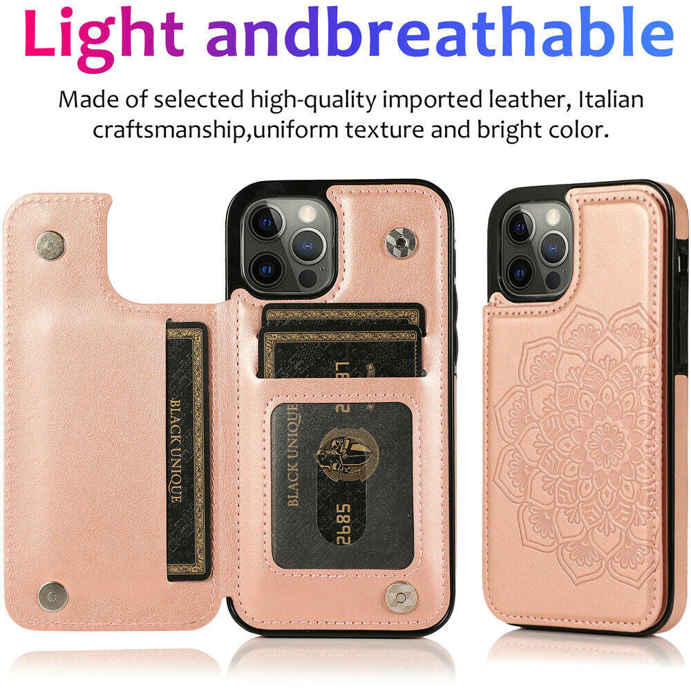 iPhone 13 Wallet Case with Card Holder, PU Leather Kickstand Card Slots Case, Double Magnetic Clasp Durable Shockproof Cover 6.1 Inch (Rose Gold)