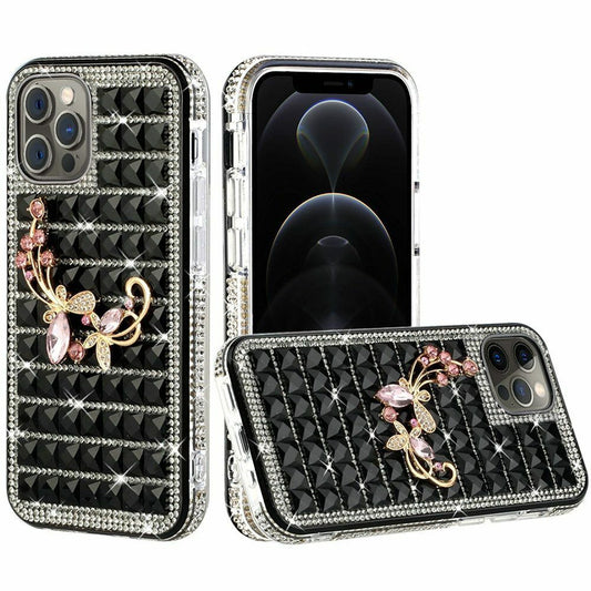 iPhone 13 Bling Case, Girls Women 3D Luxury Sparkle Glitter Diamond Crystal Rhinestone Pumpkin Car Charm Pendant Protective Case Cover for iPhone 13 6.1 inch (FLORAL BLACK)