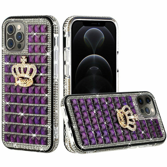 iPhone 13 Bling Case, Girls Women 3D Luxury Sparkle Glitter Diamond Crystal Rhinestone Pumpkin Car Charm Pendant Protective Case Cover for iPhone 13 6.1 inch (CROWN PURPLE)