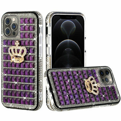iPhone 13 Bling Case, Girls Women 3D Luxury Sparkle Glitter Diamond Crystal Rhinestone Pumpkin Car Charm Pendant Protective Case Cover for iPhone 13 6.1 inch (CROWN PURPLE)