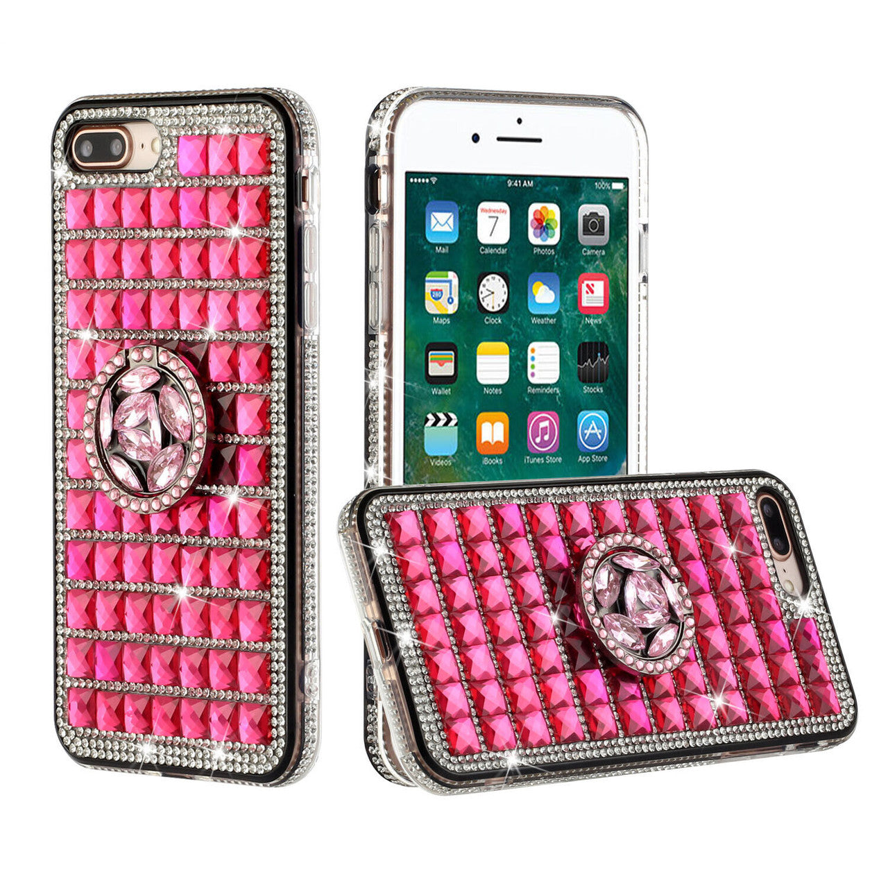iPhone 12 Mini Full Bling Case with [Ring Kickstand] Cute Glitter Sparkle Bling Diamond Rhinestone - Pink