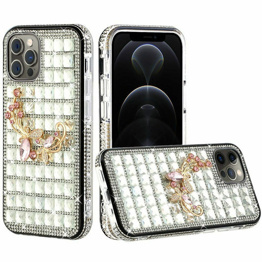 iPhone 13 Bling Case, Girls Women 3D Luxury Sparkle Glitter Diamond Crystal Rhinestone Pumpkin Car Charm Pendant Protective Case Cover for iPhone 13 6.1 inch (FLORAL CLEAR)