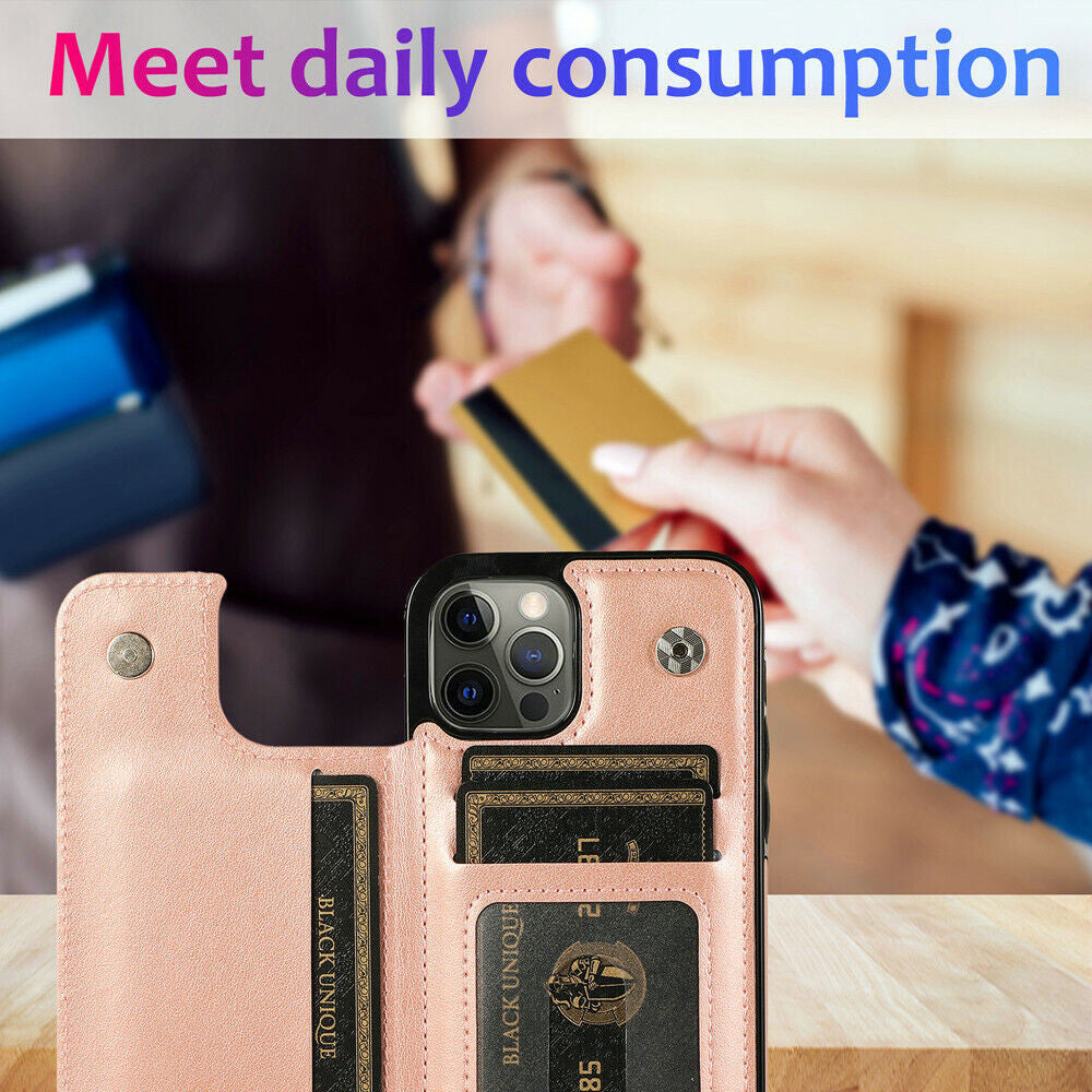 iPhone 13 Wallet Case with Card Holder, PU Leather Kickstand Card Slots Case, Double Magnetic Clasp Durable Shockproof Cover 6.1 Inch (Rose Gold)
