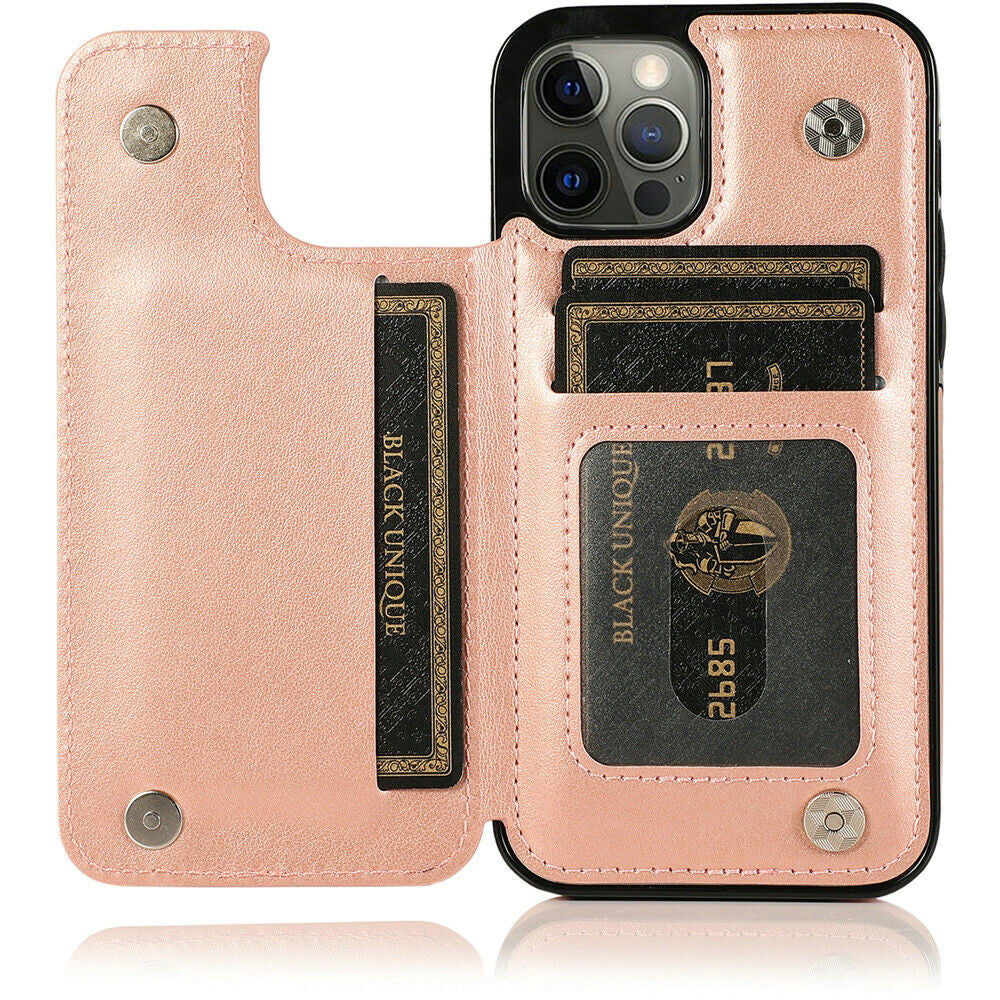 iPhone 13 Wallet Case with Card Holder, PU Leather Kickstand Card Slots Case, Double Magnetic Clasp Durable Shockproof Cover 6.1 Inch (Rose Gold)