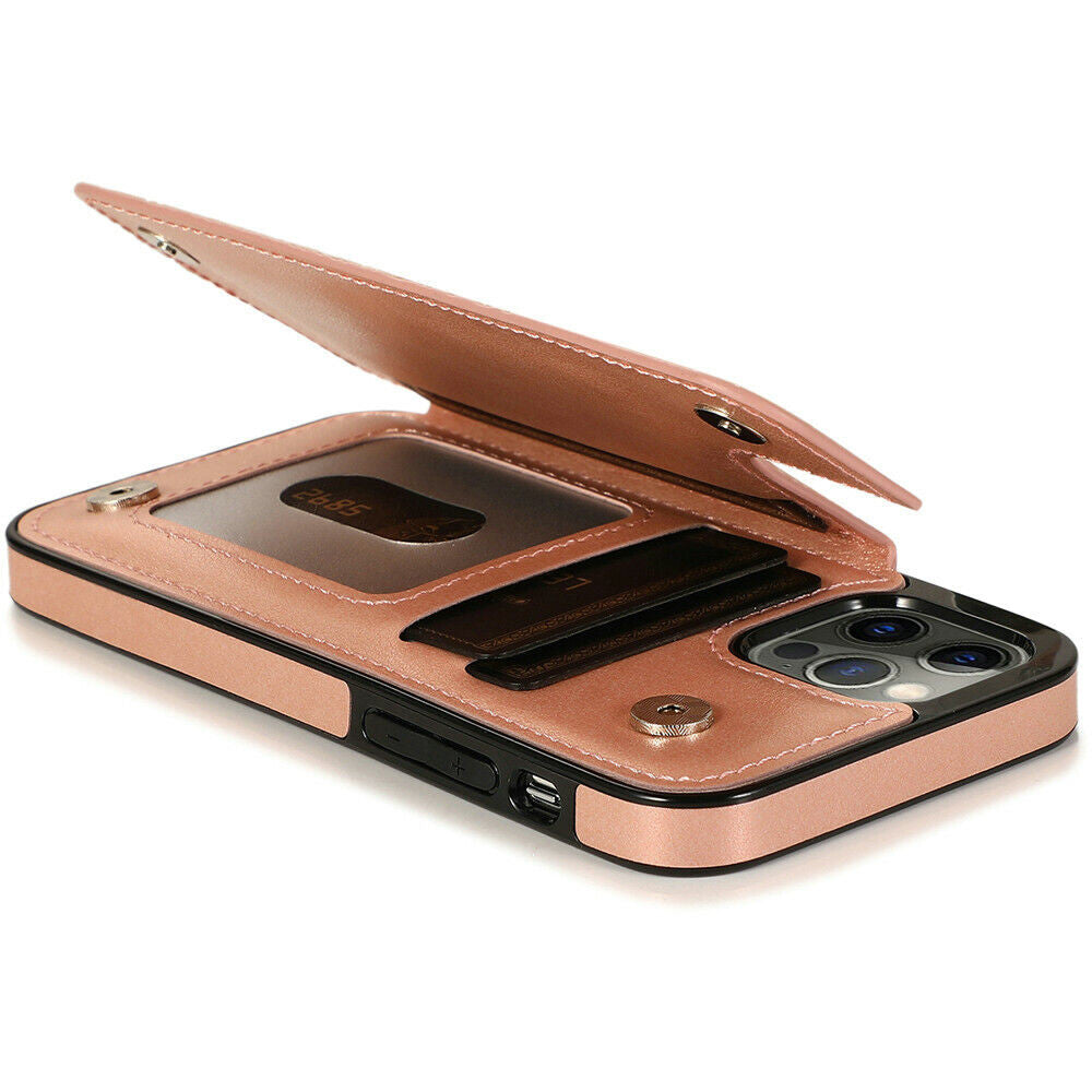 iPhone 13 Wallet Case with Card Holder, PU Leather Kickstand Card Slots Case, Double Magnetic Clasp Durable Shockproof Cover 6.1 Inch (Rose Gold)